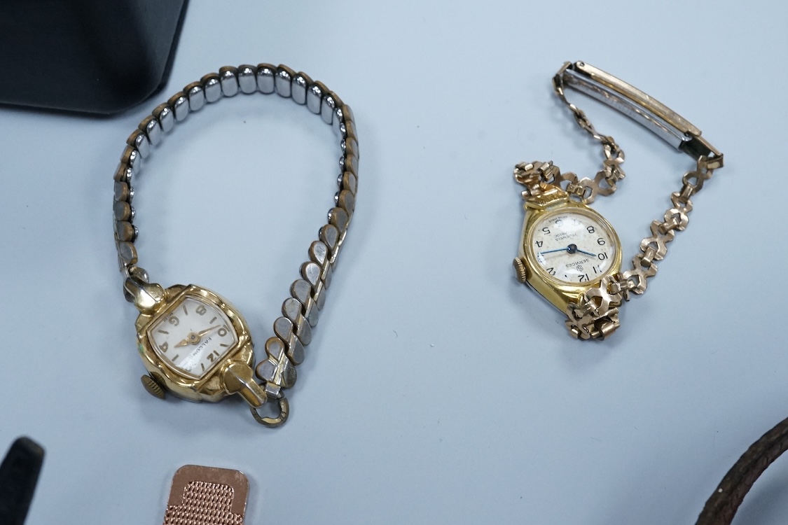 A brass cased S. Smith & Son open faced pocket watch with Roman dial, one other pocket, a quantity of assorted lady's wrist watches including Avia, Ingersoll and Timex, together with a gentleman's steel Zeitner Aqua Spor